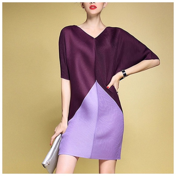 🛍 Purple Color Block Accordion Pleated Dress - Picture 4 of 6